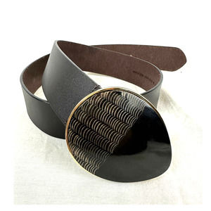 Chico's Espresso Dark Brown Leather Belt Size Medium Gold Trim